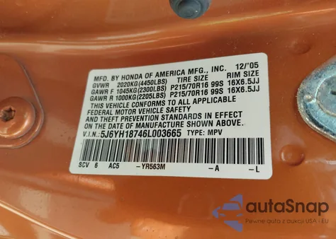 2006 Honda Element Ex z USA, uszkodzony, nr VIN 5J6YH18746L003665